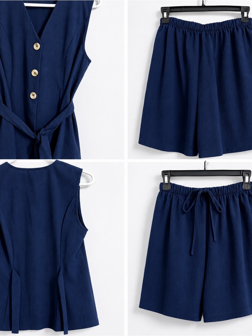 Navy Sleeveless Button Front Top with Matching Elastic Waist Shorts Set